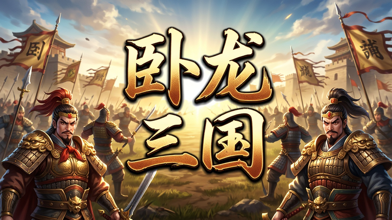 一张高清晰度的移动端游戏宣传海报,主体为“卧龙三国”四个大字,背景是宏大的古代战场,前景有几位身着古装的武将形象,色彩鲜艳,光影效果强烈,构图居中,风格为写实二次元结合,画质8k,干净无多余元素