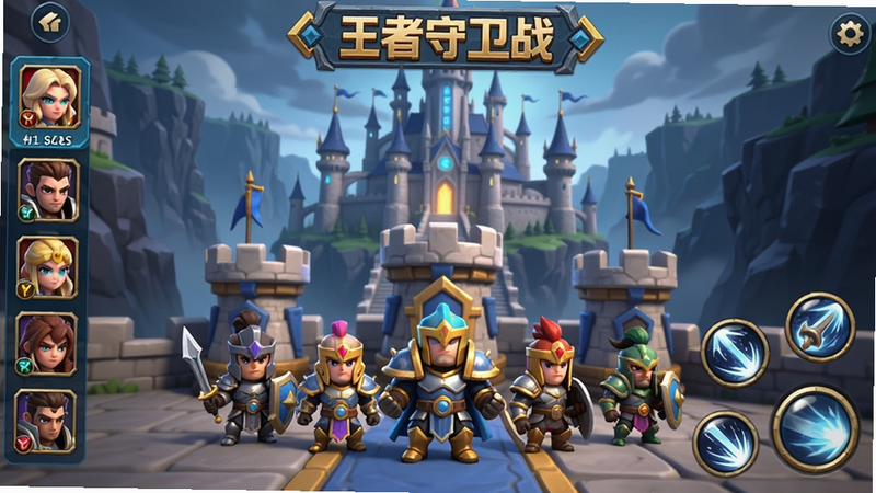 主体为《王者守卫战》游戏主界面,背景是宏大的魔法城堡与幽暗峡谷,前景展示五位身穿不同铠甲的Q版英雄角色站立在防御塔前,左侧有英雄头像列表,右侧有技能释放按钮,整体色调为蓝金配色,3D渲染风格,高清细节,无多余元素,干净构图