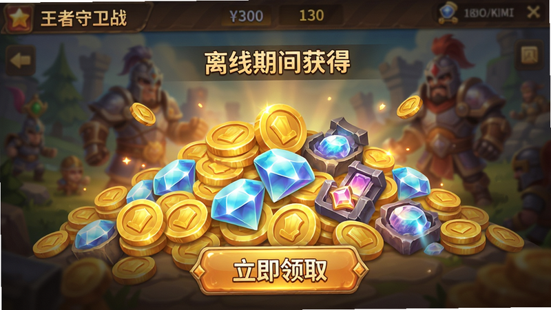 主体为《王者守卫战》离线收益结算界面,屏幕中央显示大量金币、钻石与材料图标堆积,背景为模糊的游戏场景,上方有“离线期间获得”字样,下方有“立即领取”大按钮,暖色调光影,奖励丰富感,高清游戏UI,无杂乱元素