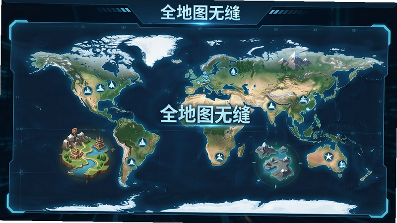 展示游戏内地图切换界面的概念图,主体为一张巨大的世界地图,布局清晰标注出四个区域,风格为科技感与动漫结合,细节包括地图上的地标图标,画质清晰,干净,文字
