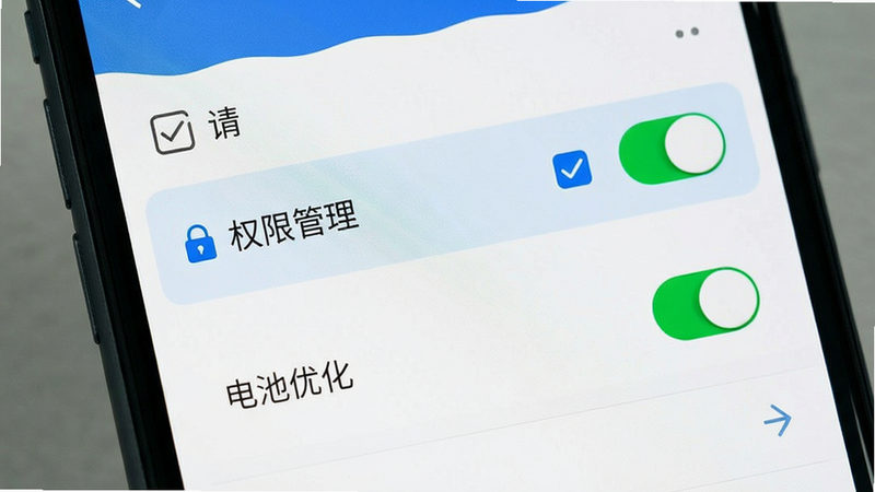 主体为手机设置界面,高亮显示“权限管理”与“电池优化”选项,布局垂直排列,排版简洁,风格为UI设计风,细节包含勾选框与开关按钮,画质清晰,干净,无多余元素