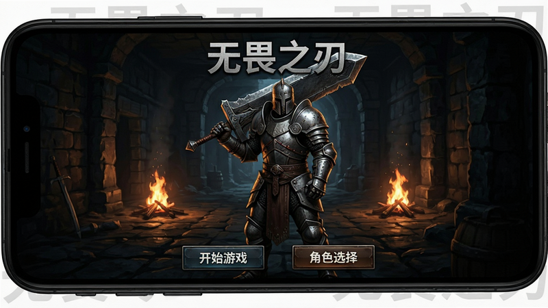 主体为一部黑色智能手机,屏幕中显示着《无畏之刃》的游戏主界面,界面中央是一位身穿重甲、手持巨剑的战士角色,背景是昏暗的地下城与燃烧的篝火,屏幕上方有清晰的“无畏之刃”中文标题,下方有“开始游戏”和“角色选择”按钮,整体布局对称,风格为写实暗黑风,细节丰富,画质高清,干净无多余元素