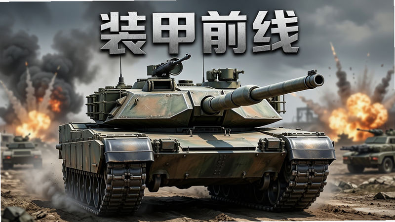 主体为《装甲前线》游戏主视觉图,布局采用中心构图,一辆现代化的主战坦克占据画面核心,背景是硝烟弥漫的现代战场,远处有爆炸火光,排版简洁大气,风格为写实军事风,细节丰富展现坦克装甲纹理与金属光泽,画质4k高清,干净无多余元素,文字“装甲前线”位于顶部居中,字体硬朗