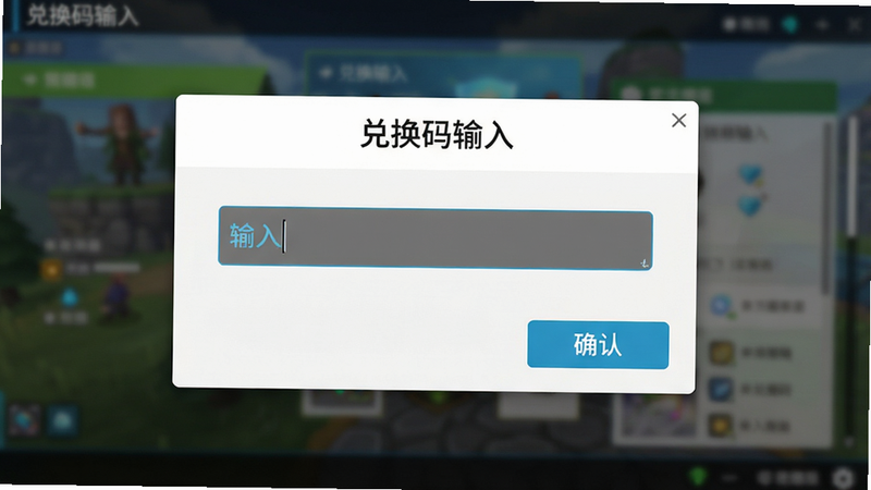 主体为游戏内设置界面,布局为弹窗形式,中央显示输入框,背景虚化,排版清晰,风格为UI设计风,细节展现输入框光标与确认按钮,画质清晰,干净无干扰,文字“兑换码输入”位于顶部