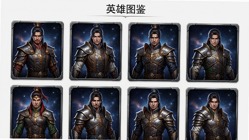 主体为《万界无双》英雄图鉴界面,布局为网格状卡片展示,每张卡片上有一个不同姿态的英雄半身像,背景为星空纹理。排版清晰,卡片边缘有金属质感边框,风格为奇幻写实,细节丰富,英雄服饰纹理清晰,画质高清,干净背景,文字显示