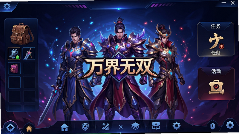 主体为《万界无双》游戏主界面,布局呈现中心对称式,中央展示三位身着不同风格战甲的英雄角色立绘,左侧为背包与背包栏,右侧为任务与活动入口,底部为功能导航栏。排版整洁有序,采用赛博朋克与玄幻结合的风格,色彩以深蓝与紫红为主色调,细节处有光效粒子特效,画质4K高清,干净无多余UI元素,文字显示
