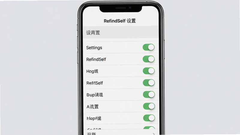 RefindSelf 设置界面预览,主体为手机屏幕,布局为列表式设置项,背景为浅灰色,排版整齐,风格简洁,细节包含开关按钮,画质清晰,干净,无多余元素,文字显示