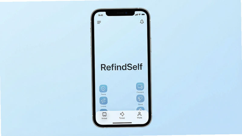 RefindSelf App界面全景展示,主体为手机屏幕,布局简洁,背景为柔和的淡蓝色渐变,排版清晰,风格现代简约,细节包含图标清晰可见,画质高清,干净,无多余元素,文字显示