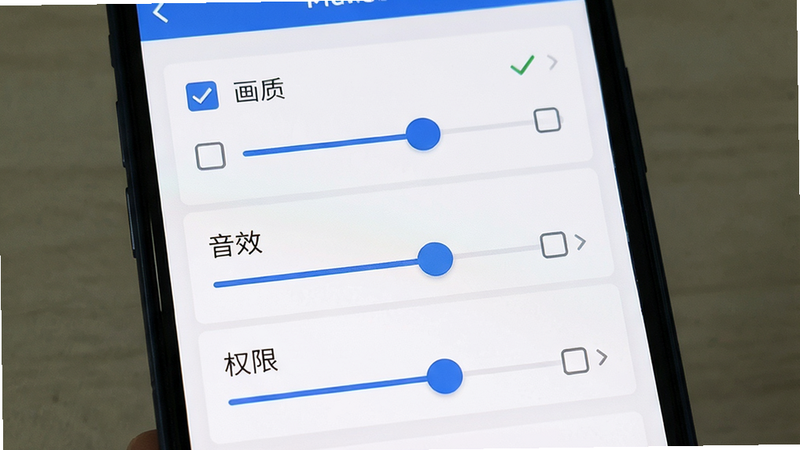 主体为手机屏幕界面,布局展示游戏设置菜单,排版清晰列出画质、音效、权限选项,风格为简洁UI设计,细节包含勾选框与滑动条,画质清晰,干净,无多余元素
