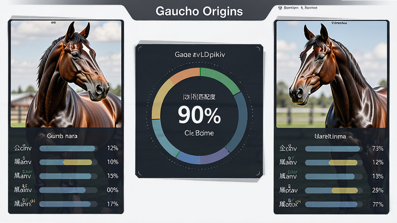 主体为Gaucho Origins马匹繁育选择界面,布局左右两侧分别显示公马与母马的肖像及属性条,中间展示基因匹配度百分比,排版对称平衡,风格为专业数据可视化风格,细节强调肌肉线条与毛发光泽,画质锐利,干净无干扰元素,文字数据清晰易读