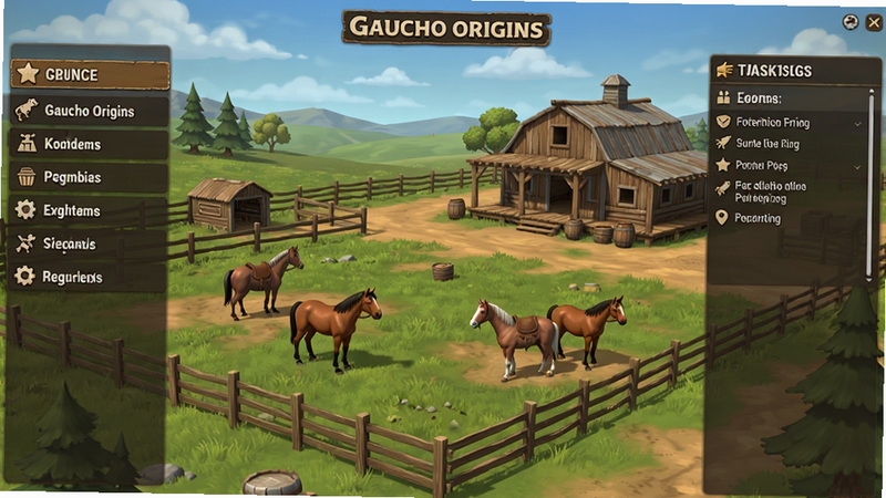 主体为Gaucho Origins游戏主界面截图,布局清晰展示左侧菜单、中央牧场全景与右侧任务栏,排版整洁有序,风格为写实2D手绘,细节丰富展现马匹与建筑质感,画质高清,干净无多余元素,文字标签清晰可见
