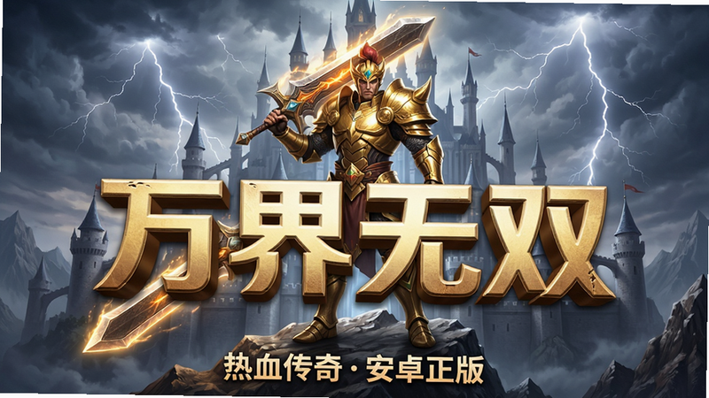 一张高清游戏宣传海报,主体是身穿金色铠甲的战士手持发光巨剑站在山巅,背景是宏伟的城堡和雷电天空,画面中央有巨大的“万界无双”立体标题字样,底部有小字“热血传奇安卓正版”,风格为写实CG,细节丰富,画质超清,干净无多余元素