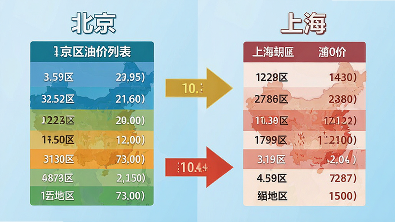 分屏对比图,左侧显示北京地区油价列表,右侧显示上海地区油价列表,中间用箭头连接表示价格差异,背景为淡蓝色渐变,文字标注“北京”和“上海”,风格扁平化设计,色彩鲜明,布局整齐,高清渲染,无多余装饰