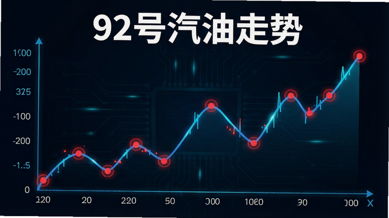 深色背景下的动态折线图,X轴为时间,Y轴为价格,曲线呈现波动上升趋势,关键点用红色圆点标记,标题为“92号汽油走势”,字体白色加粗,风格科技感,简洁明了,高清矢量图,无噪点
