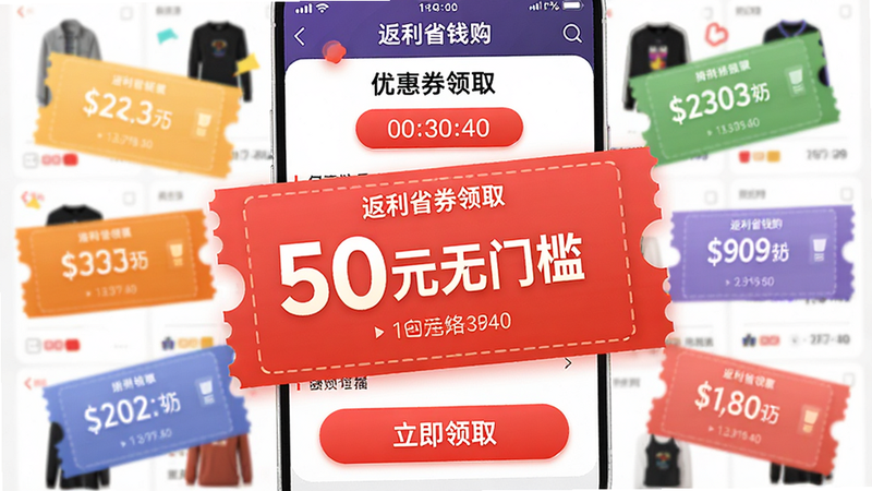 ����Ϊ'����ʡǮ��'APP��'�Ż�ȯ��ȡ'���棬�Ӿ�������һ�ű��Ŵ�ĺ�ɫ�Ż�ȯ������ӡ��'50Ԫ���ż�'��������Χ������������ͬ�����Ż�ȯ��Ƭ������Ϊģ������Ʒ�б��������ô�����ϸ�ڰ�������ʱ������'������ȡ'��ť�������������޶���װ��