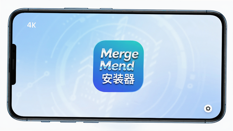 主体为一部现代安卓智能手机,屏幕中央显示“Merge Mend安装器”的高清Logo,背景为柔和的蓝白色渐变科技风格,布局简洁居中,无多余元素,4K画质,清晰明亮