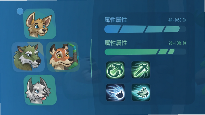 角色选择界面,左侧列出三个不同属性的动物头像,右侧显示属性条和技能图标,界面设计现代扁平化,蓝色与绿色为主色调,清晰易读,无乱码