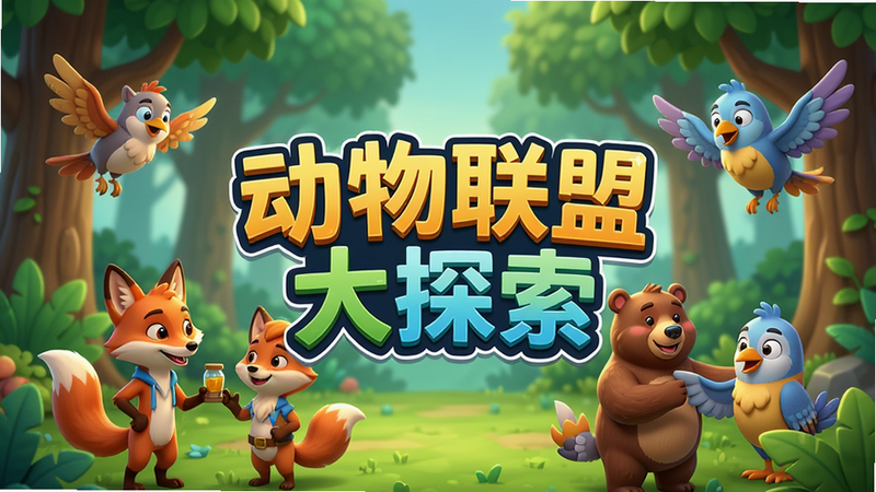 一张高清横屏游戏主界面预览图,主体为“动物联盟大探索”Logo居中显示,背景是郁郁葱葱的卡通森林,几只拟人化的狐狸、熊和鸟类角色正在互动,色彩鲜艳明亮,3D卡通渲染风格,细节丰富,光影柔和,无多余文字干扰,8k分辨率,干净简洁