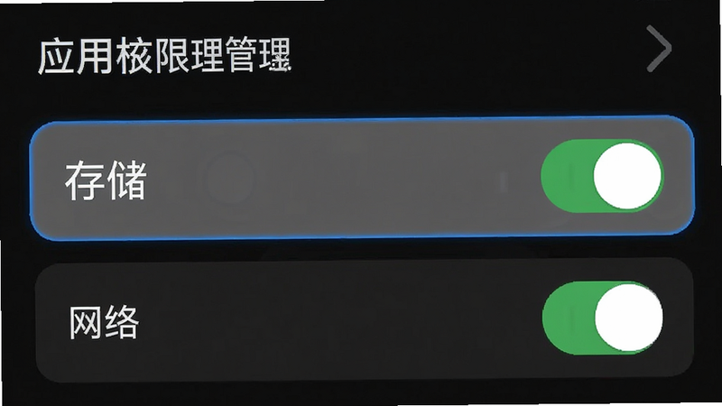 手机设置界面示意图,显示应用权限管理页面,高亮显示“存储”和“网络”开关,风格简洁现代,UI清晰,无杂乱元素