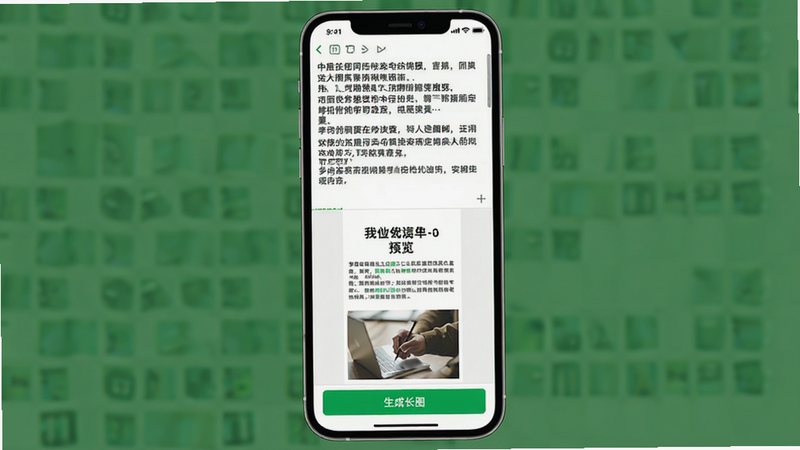 手机界面截图风格,上半部分为纯文本编辑区,显示多行黑色文字;下半部分为预览区,显示生成的长图效果,包含标题、正文和配图。界面底部有“生成长图”的绿色按钮。背景干净,UI设计现代简洁,高保真UI设计图。