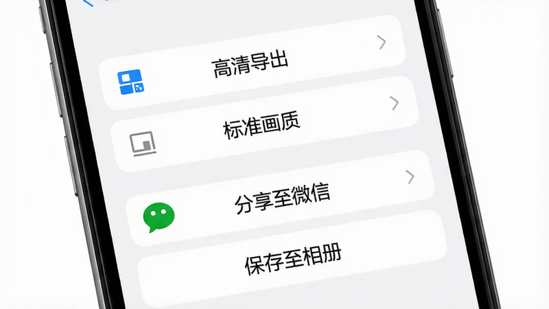 手机屏幕显示导出设置界面,有“高清导出”、“标准画质”选项,以及“分享至微信”、“保存至相册”的按钮。界面简洁,按钮图标清晰,背景为白色,突出功能性,无杂乱元素,高分辨率渲染。