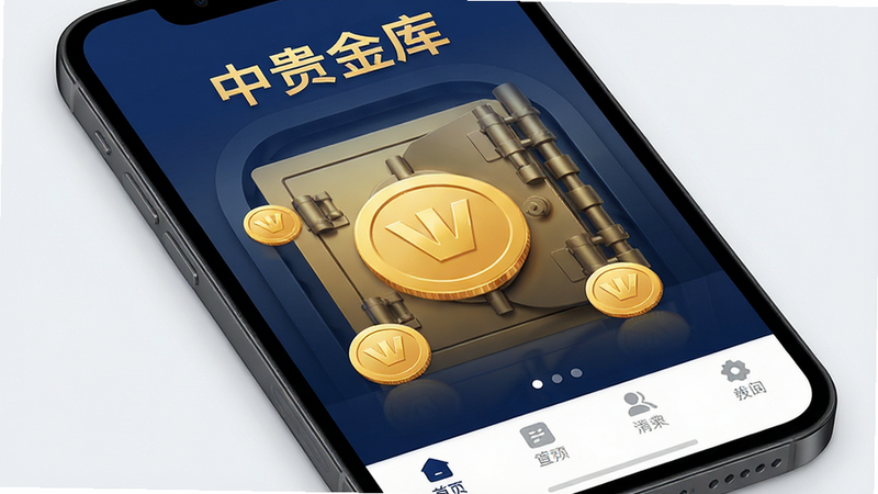 一张展示中贵金库APP界面的高分辨率设计图,主体为手机屏幕,显示着金色的金币图标和安全的金库门背景,界面布局整洁,顶部有“中贵金库”文字,底部有导航栏,风格现代简约,色彩以金色和深蓝色为主,细节清晰,画质4k,干净无多余元素