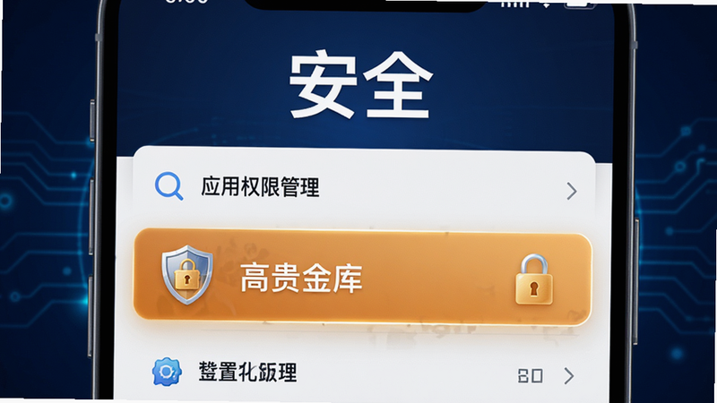 手机安全设置界面的示意图,显示着“应用权限管理”列表,中贵金库的高亮选中状态,旁边有盾牌和锁的图标,背景为深蓝色科技风,布局清晰,文字“安全”醒目,风格严谨,细节精致,画质高清,无多余图标