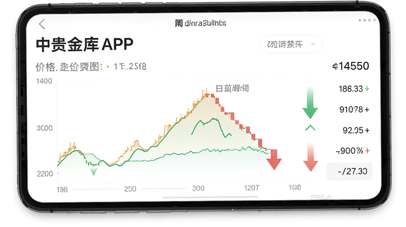 中贵金库APP的价格走势图界面预览,图表清晰显示金价波动曲线,绿色和红色箭头指示涨跌,旁边有数字显示当前价格,背景简洁白色,UI设计扁平化,字体清晰易读,整体风格专业严谨,细节精致,画质高清,干净无水印