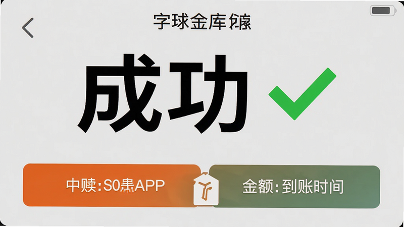 中贵金库APP赎回成功页面的截图,大写的“成功”字样,旁边有一个绿色的对勾,下方显示转账金额和到账时间,背景为浅灰色,UI元素清晰,按钮突出,风格极简主义,强调结果导向,细节清晰,画质高清,无干扰元素