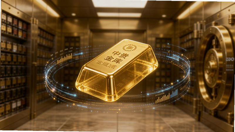 中贵金库APP内黄金托管页面的概念图,画面中央是一个半透明的3D金条模型,周围环绕着数据流线条,象征数字化管理,背景为模糊的高端银行金库内部,色调温暖且专业,排版居中,风格科技感与金融感结合,细节丰富,画质高清,无杂乱元素
