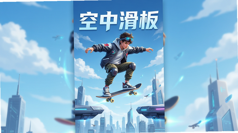 主体为一款名为“空中滑板”的手机游戏宣传海报,布局为竖版居中构图,排版简洁大气,风格为现代科技风与极限运动结合,细节展示一个穿着酷炫街头服饰的滑板少年在高空悬浮平台之间飞跃,背景是蓝天白云与未来城市剪影,文字包含“空中滑板”四个大字,画质为4K超清,干净,无多余元素