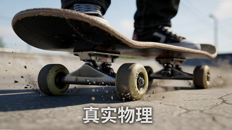 主体是游戏内滑板落地的瞬间特写,布局为近景视角,排版聚焦于滑板与地面的接触点,风格为写实渲染,细节展示滑板轮子挤压地面的形变与飞溅的灰尘粒子,文字包含“真实物理”,画质为8K极致细节,干净,无多余元素