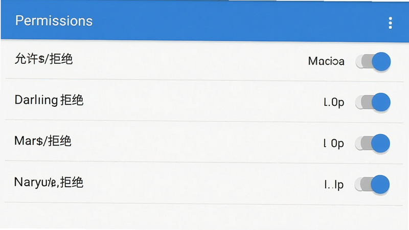 DarlingTouch 手机设置权限界面截图,主体为安卓系统权限管理列表,布局纵向排列,排版清晰,风格为系统原生 UI,细节包含“允许/拒绝”开关按钮,画质高清,干净,无多余元素,文字标注“Permissions”