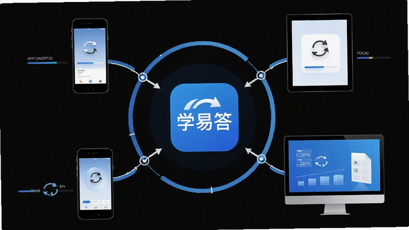 主体为“学易答”APP的数据同步示意图,布局为中心APP图标向四周辐射连接手机、平板和电脑屏幕,排版呈环形分布,风格简洁商务,细节展示同步图标和进度条,画质清晰,干净,无多余元素