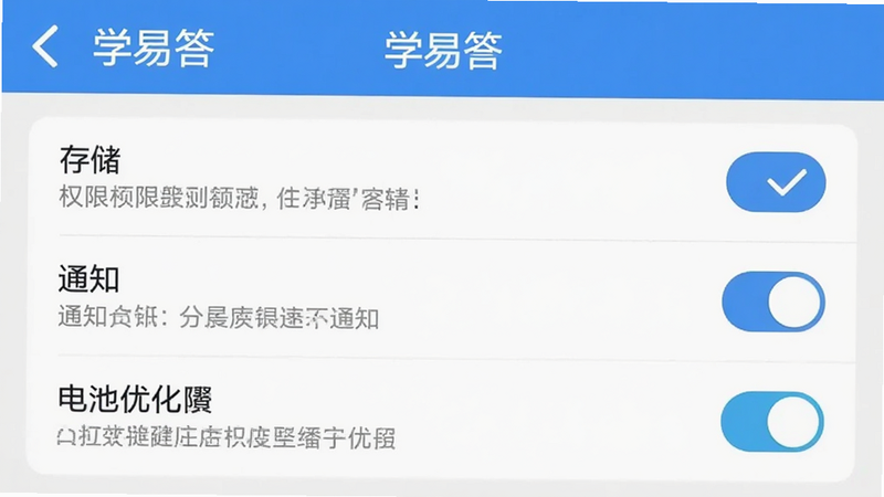 主体为“学易答”APP的设置界面,布局展示权限管理选项,包括存储、通知、电池优化等开关,排版列表式,风格清晰直观,细节展示勾选状态和说明文字,画质清晰,干净,无多余元素