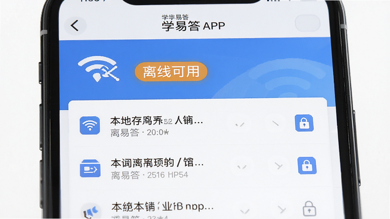 主体是“学易答”APP的离线使用界面,布局展示Wi-Fi断开图标和“离线可用”标签,中间为题目列表,排版稳重可靠,风格实用主义,细节展示本地存储图标,画质细腻,干净,无多余元素