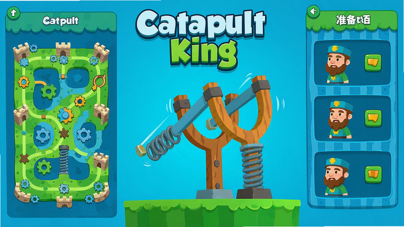����Ϊ Catapult King ��Ϸ�����棬���������������ʾ�ؿ���ͼ���Ҳ�չʾ��ɫ׼�����������Ƕ�̬�����ṹʾ�⣬���Ϊ��ƽ����ͨ��ƣ�ɫ������������Ϊ����ϸ�ڰ������֡����ɵȻ�еԪ�أ����ʸ��壬�ɾ��޶���Ԫ�أ�����