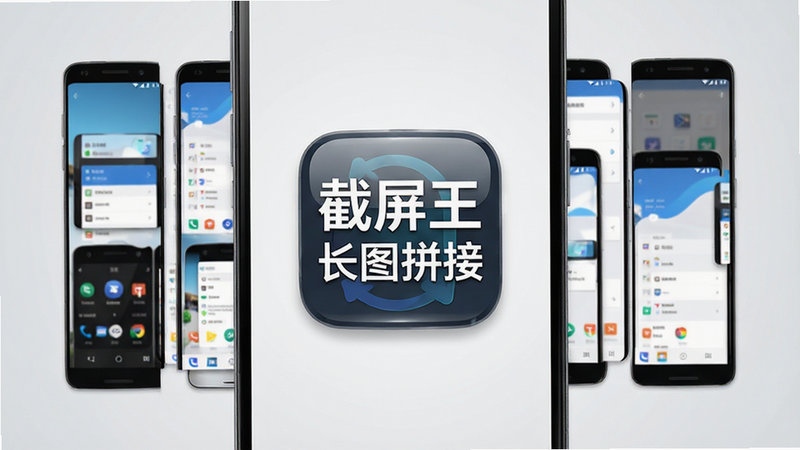 主体为安卓手机界面,屏幕中央显示“截屏王长图拼接”APP图标,周围环绕着由多张手机屏幕截图拼接而成的长图示例,背景为干净的浅灰色渐变,布局简洁对称,风格现代扁平化,细节展现软件图标的高光泽质感,画质高清,无多余元素,文字清晰可读,alt属性为截屏王长图拼接预览图