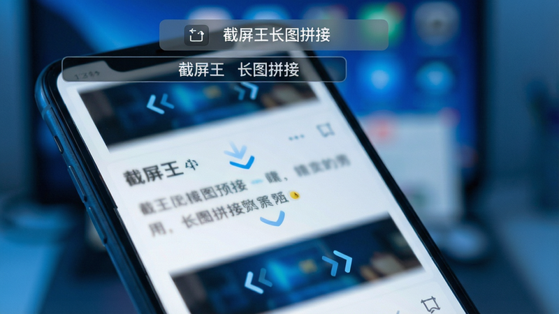 主体为手机屏幕特写,展示一个正在滚动的长网页界面,屏幕边缘有半透明的“截屏王长图拼接”操作条,背景虚化突出前景,布局聚焦于滚动过程,风格科技感蓝色调,细节显示滚动箭头动画效果,画质锐利,无杂乱背景,alt属性为截屏王长图拼接预览图