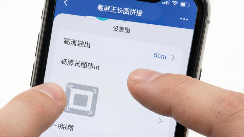 主体为手机屏幕与手指操作场景,屏幕上显示“截屏王长图拼接”APP的设置界面,手指正在点击“高清输出”选项,背景简洁白色,布局清晰,风格写实摄影风,细节展现指尖触碰屏幕的清晰纹理,画质逼真,无多余干扰元素,alt属性为截屏王长图拼接预览图