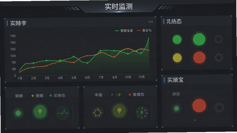 主体为抢聚宝盆监控界面,包含折线图和状态指示灯,颜色为绿黄红三色区分,背景为深灰色,文字标注“实时监测”,布局模块化,排版整齐,风格专业严谨,细节丰富,高清画质,干净,无多余元素