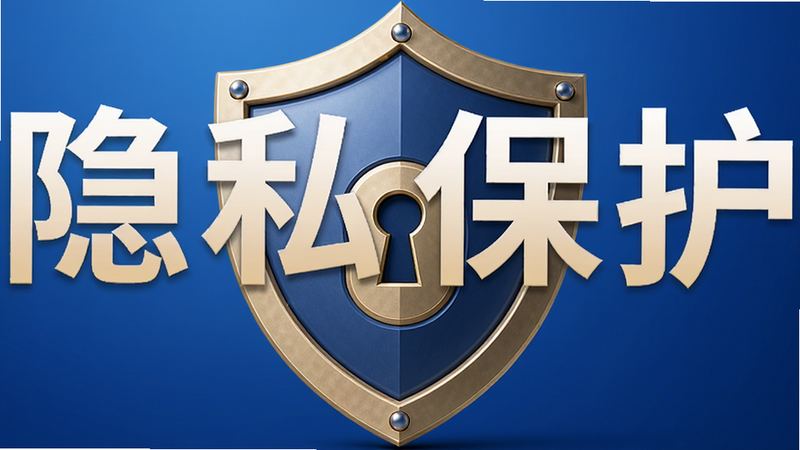 主体为抢聚宝盆安全盾牌图标,盾牌中心有锁孔图案,背景为蓝色渐变,文字标注“隐私保护”,布局对称,排版庄重,风格信任可靠,细节精致,高清画质,干净,无多余元素