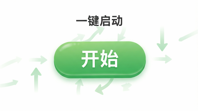 主体为抢聚宝盆操作界面,显示一个巨大的绿色“开始”按钮,周围有简单的流程箭头指示,背景为白色,文字标注“一键启动”,布局中心突出,排版直观,风格清新简约,细节柔和,高清画质,干净,无多余元素
