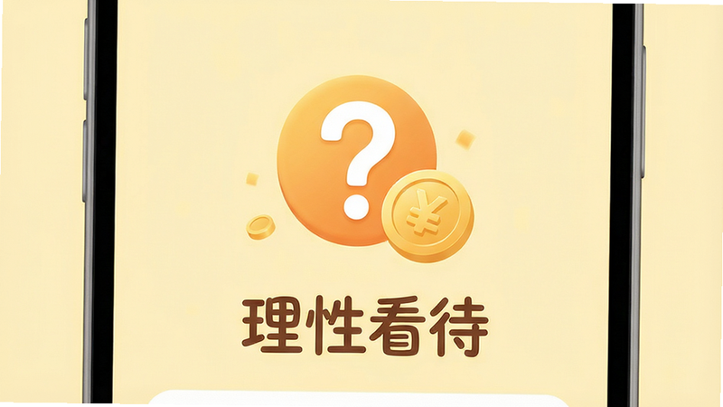 主体为抢聚宝盆问答界面,显示一个问号图标和金币图案,背景为浅黄色,文字标注“理性看待”,布局简洁,排版温馨,风格亲切易懂,细节柔和,高清画质,干净,无多余元素