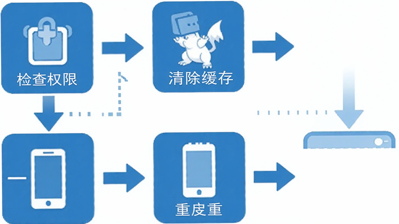 手机故障排查流程图,展示口袋妖怪最强进化安装失败后的解决步骤,包括检查权限、清除缓存、重启手机,图标简洁明了,箭头指引清晰,风格扁平化,颜色蓝白相间,逻辑清晰,画质干净,无杂乱背景