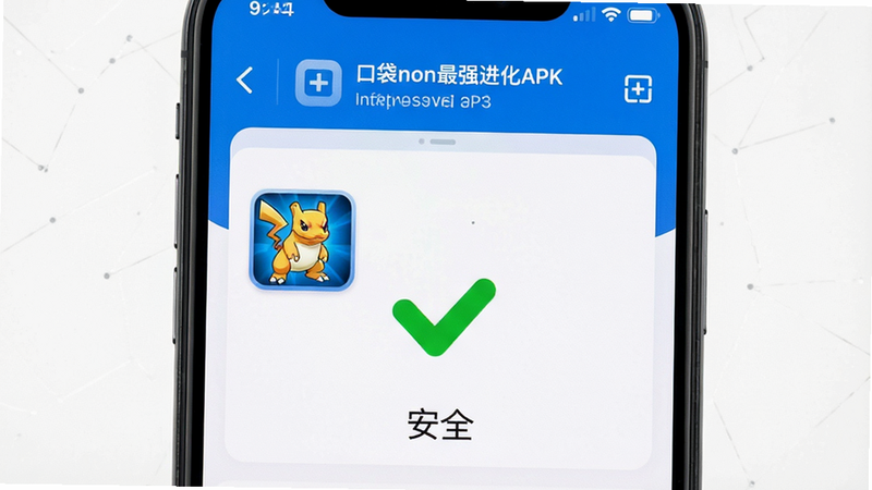手机安全扫描界面,显示口袋妖怪最强进化APK文件的病毒扫描结果为“安全”,绿色对勾标志,界面简洁,背景白色,文字清晰,风格专业,画质高清,无干扰元素