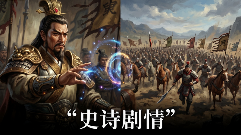 主体为游戏剧情过场画面,布局为电影宽屏比例,左侧是姜子牙布阵的特写,右侧是千军万马冲锋的远景,排版遵循三分法,风格为史诗感油画与数字绘画结合,细节展现铠甲光泽与法术粒子效果,画质超高,干净,文字