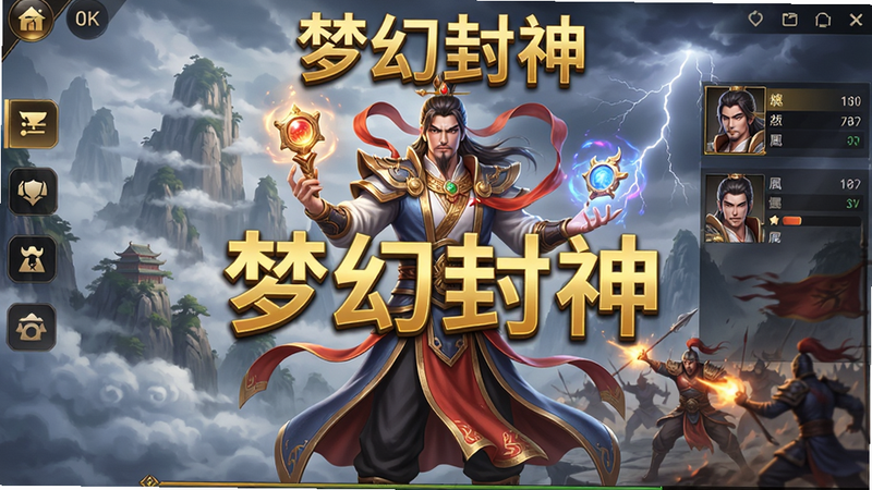 主体为《梦幻封神》手游主界面,布局采用居中透视法,中央展示一位手持法宝的封神角色立绘,背景是云雾缭绕的仙山与雷电交加的战场,排版清晰,左侧显示功能按钮,右侧显示角色属性,风格为高精度3D国风写实渲染,细节丰富,包含飘动的衣带与法术特效,画质8K,干净无多余元素,文字