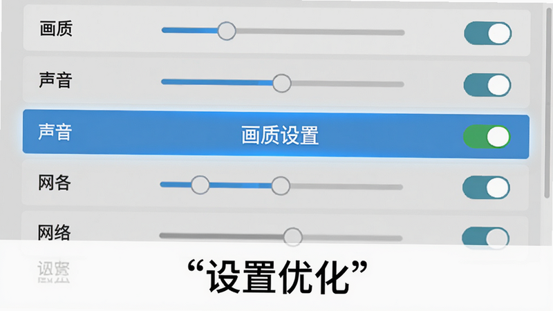 主体为游戏设置界面,布局为列表形式,展示画质、声音、网络等选项,中央高亮显示