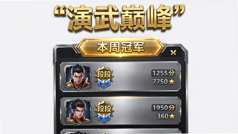 主体为演武排行榜界面,布局为垂直列表,显示玩家头像、段位图标与积分,顶部高亮显示